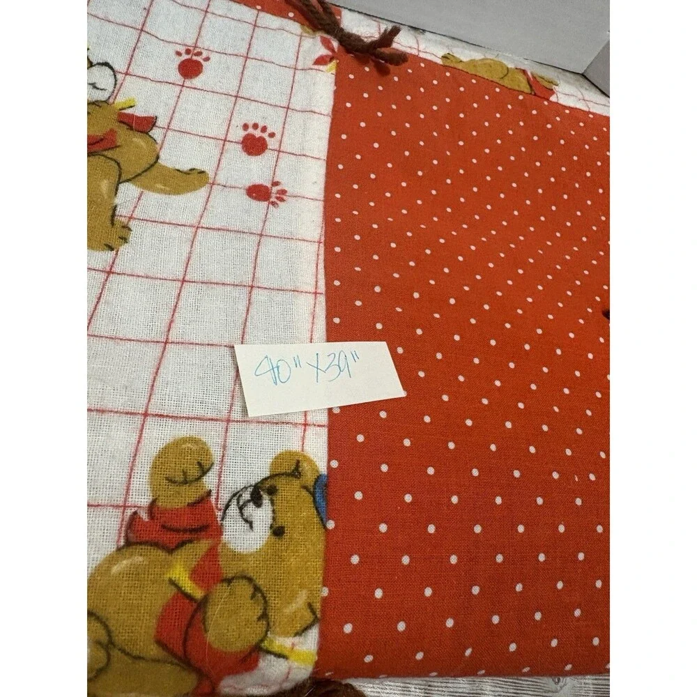 Vintage Handmade Teddy Bear Patchwork Baby Quilt, Gingham Cotton